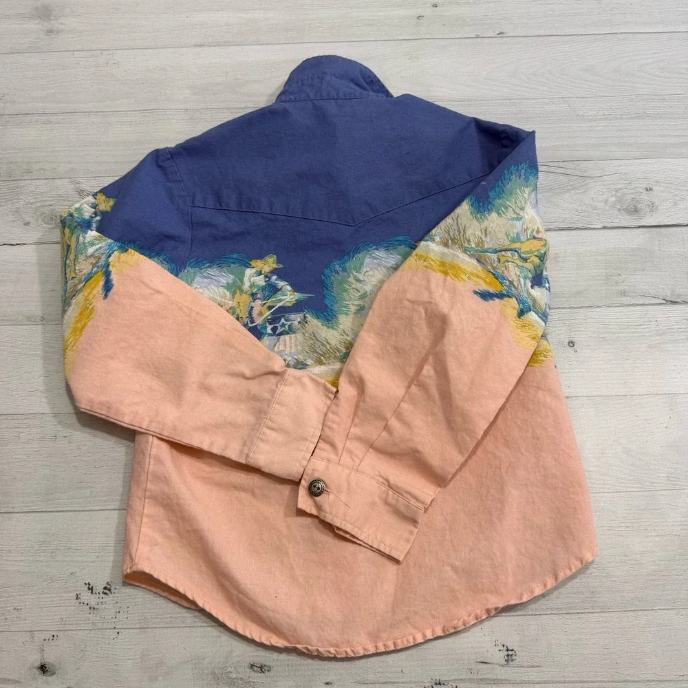 Vintage roper pink blue cowgirl horse button up shirt girls‎ XS 7